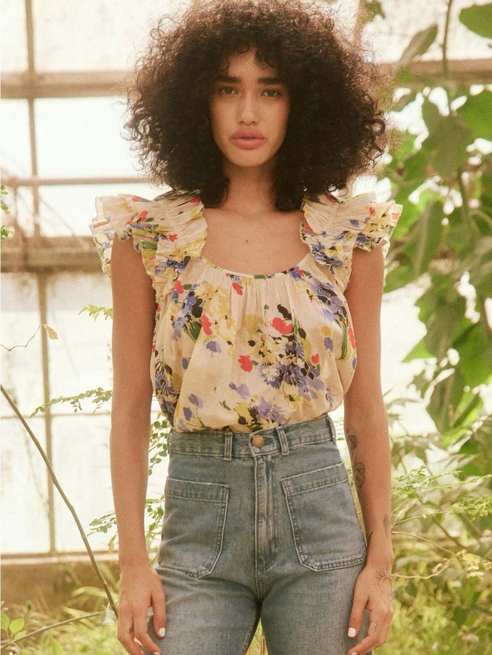 THE GREAT. Floral Ruffle Blouse in Cream with Blue and Yellow Print